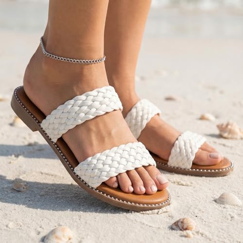 Image of Tilocow Women's Flat Sandals Two Strap Summer Dressy Studded Slide Sandals Open Toe Cute Casual Slip on Comfort Shoes for Beach Travel Daily Wear