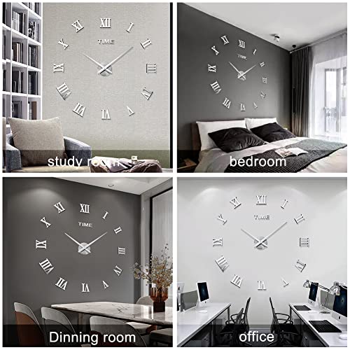 Image of Large DIY Wall Clock Kit, 3D Frameless Wall Clock with Mirror Number Stickers for Home Living Room Bedroom Office Decoration-Silver 021
