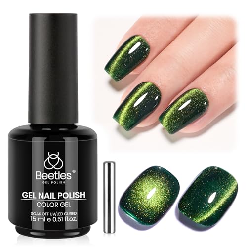 Image of Beetles Forest Flame Green Cat Eye Gel Nail Polish - 15ML Green Cat Eye Gel Polish Glitter Magnetic Translucent Glassy Effect Soak Off UV French Nail Art DIY Manicure Gifts for Women