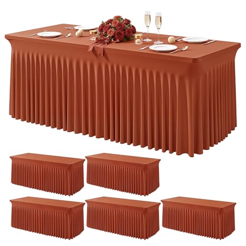 Wish Care 6 Pack Rust Spandex Table Clothes for 8 Foot Rectangle Tables, 8FT Wrinkle Free Fitted Tablecloths Ruffles Design Table Cloth for Party, Banquet, Wedding and Events