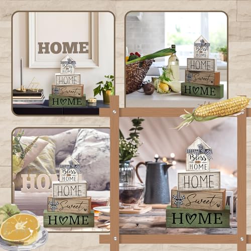 Image of Moucuny 4 Pcs Wooden Farmhouse Table Decor Rustic Home Sweet Home Stacked Blocks Decoration Farmhouse Tiered Tray Decor Decorative Eucalyptus Block Signs Bless Gift for Kitchen Shelf Coffee Table