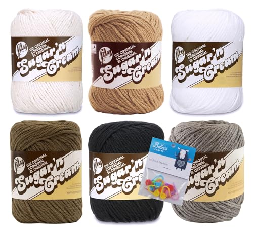 Image of Lily Sugar'n Cream 100% Cotton Yarn 6-Pack Bundle with Bella's Crafts Stitch Markers (Neutrals)