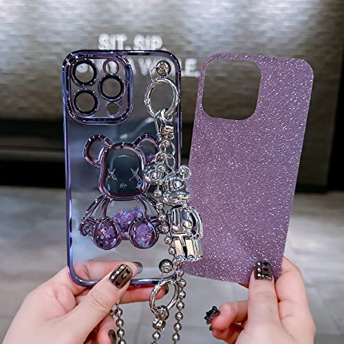 Doiodu Electroplated For Iphone 14 Pro Max 6.7" Quicksand Case With Metal Lanyard Bell Pendant And Bear Doll,Clear Glitter Sparkly Bear Slim Shockproof Full Body Protecive Case With Camera Protector #TOP4