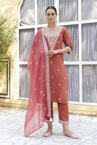 Image of VredeVogel Women's Silk Blend Embroidered Kurta with Pant & Organza Dupatta Set
