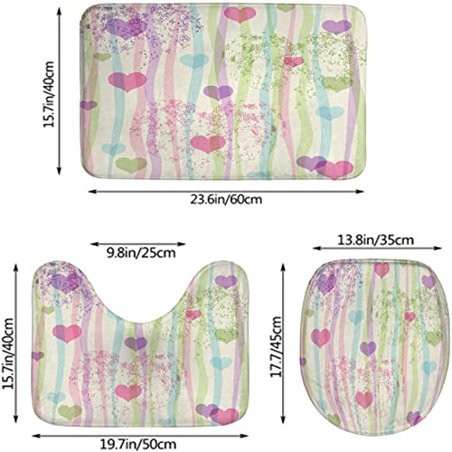 Badezimmerteppich-Set, 3-teilig, Valentinstag-Pastell-Grunge-Muster mit bunten Streifen und Herzen, waschbare Badteppiche, rutschfest, mit Rückenpolster, Konturteppich und Toilettendeckelbezug – Bild 3