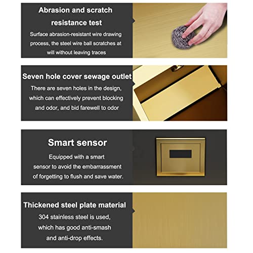 OTQEFTN 304 Stainless Steel Urinal, Golden Wall-Mounted Automatic Flushing Urinal, with High-Efficiency Sensor Valve, Men's Standing Toilet, Suitable for Hotels, Shopping Malls