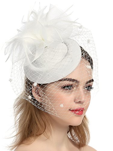 Veil Fascinator For Women Vintage Pillbox Hat With Short Lace Gloves Pearl Necklace Tea Party Wedding Funeral Birdcage Veil (8-White Set) #TOP1