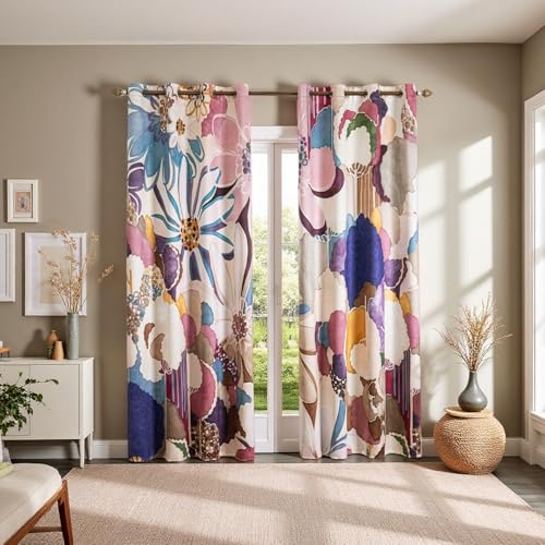 100% Blackout Curtains for Bedroom 84 inch Long 2 Panels Set Purple and Pink Modern Abstract Geometric Floral Patterned Black Out Curtains Room Darkening Window Drapes for Living Room, 52Wx84L