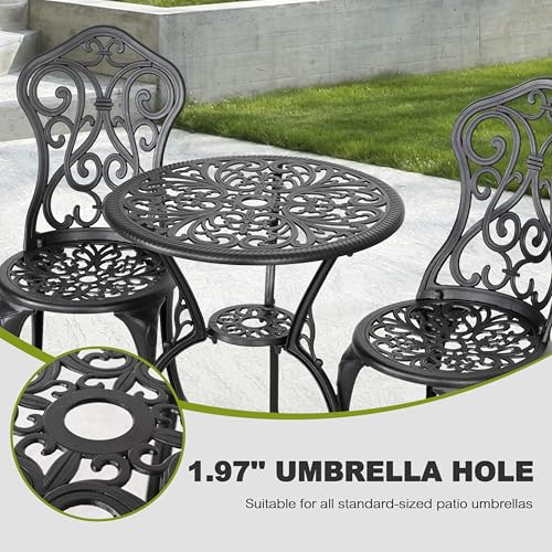 Image of NUU GARDEN 3-Piece Outdoor Bistro Set with 2 Chairs and Round Table with Umbrella Hole, All-Weather Patio Set for Garden, Porch, Lawn, Poolside, Black