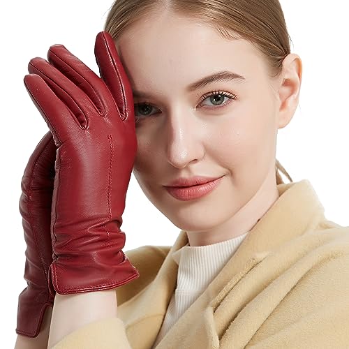 NOVBJECT Leather Gloves for Women Winter Full Touch Screen Genuine Leather Warm Cashmere Knitted Lining, Wine red, M