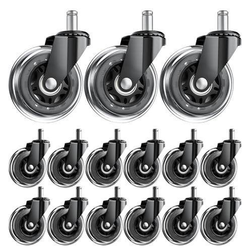 Image of Office Chair Wheels for Hardwood Floor, 15 Pack 3 Inch PU Casters | Protects Hardwood, Laminate & Tile. No Scratches. 650Lbs. Rolls On Low Pile Carpet. Tool-Free. Universal Stem