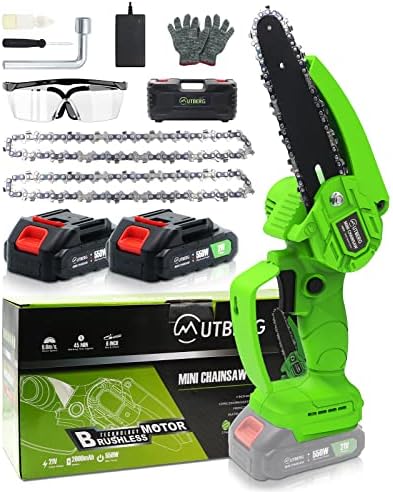MUTBERG 6-Inch Cordless Chainsaw Set, Upgraded Brushless Motor, 21V, 2000mAh x 2 Batteries, JYCH0601