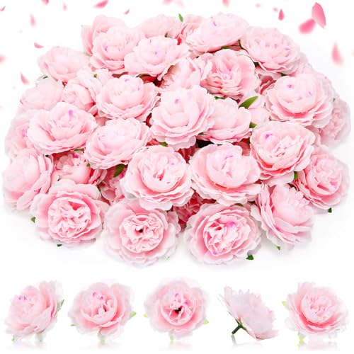 Thiccywoov 50 Pcs Artificial Flowers, 3.2 Inches Silk Rose Head Flowers Fake No Stem for Wedding Bridal Bouquet Home Floral Decor DIY Centerpieces Arrangements Party Tables Decoration(Light Pink)