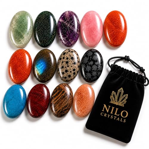 Worry Stones Set 12 PCS Handmade in India Natural Crystal Thumb Stones with Premium Velvet Pouch Pocket Palm Gemstones Sensory Fidget Meditation Stones Spiritual Crystal Gift Set