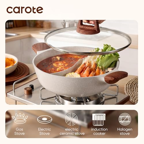CAROTE Hot Pot with Divider Double Flavor Divided Stockpot with Glass Lid, Dual Sided Nonstick Stock Pot, Shabu Shabu Pots, Cookware for Induction Cooktop Gas Stove, 4.5-QT - Image 4