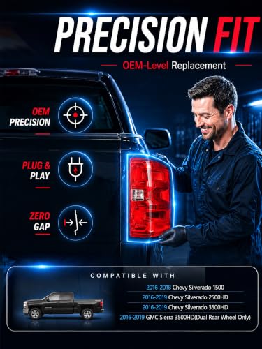 Image of Tail Lights Assembly Right Passenger Fit Chevy Silverado 1500 2016 2017 2018 2019 Chevrolet 2500 3500 HD 2500HD 3500HD Rear Brake Back Up Lamp Taillight Lens Cover Replaces GM2801261 23431875