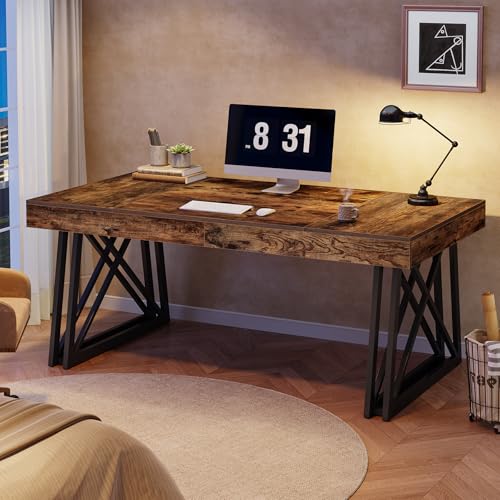 Tribesigns 63-Inch Executive Desk, Farmhouse Office Computer Desk with Sturdy X-Shaped Legs, Large Writing Table Business Furniture Workstation for Home Office, Study (Rustic Brown & Black) - Image 6
