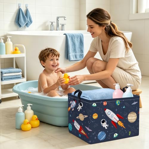 Clastyle Rakete Astronaut Jungen Würfel Aufbewahrungskorb für Babyzimmer Kosmischer Planet Blau Wasserdicht Rechteckig Stoff Regalkörbe… – Ansicht 6