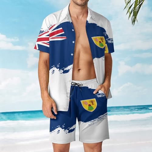Mens Tajikistan Flag Brush Stroke 2 Piece Short Sleeve Casual Button Down Shirt And Shorts Suits2