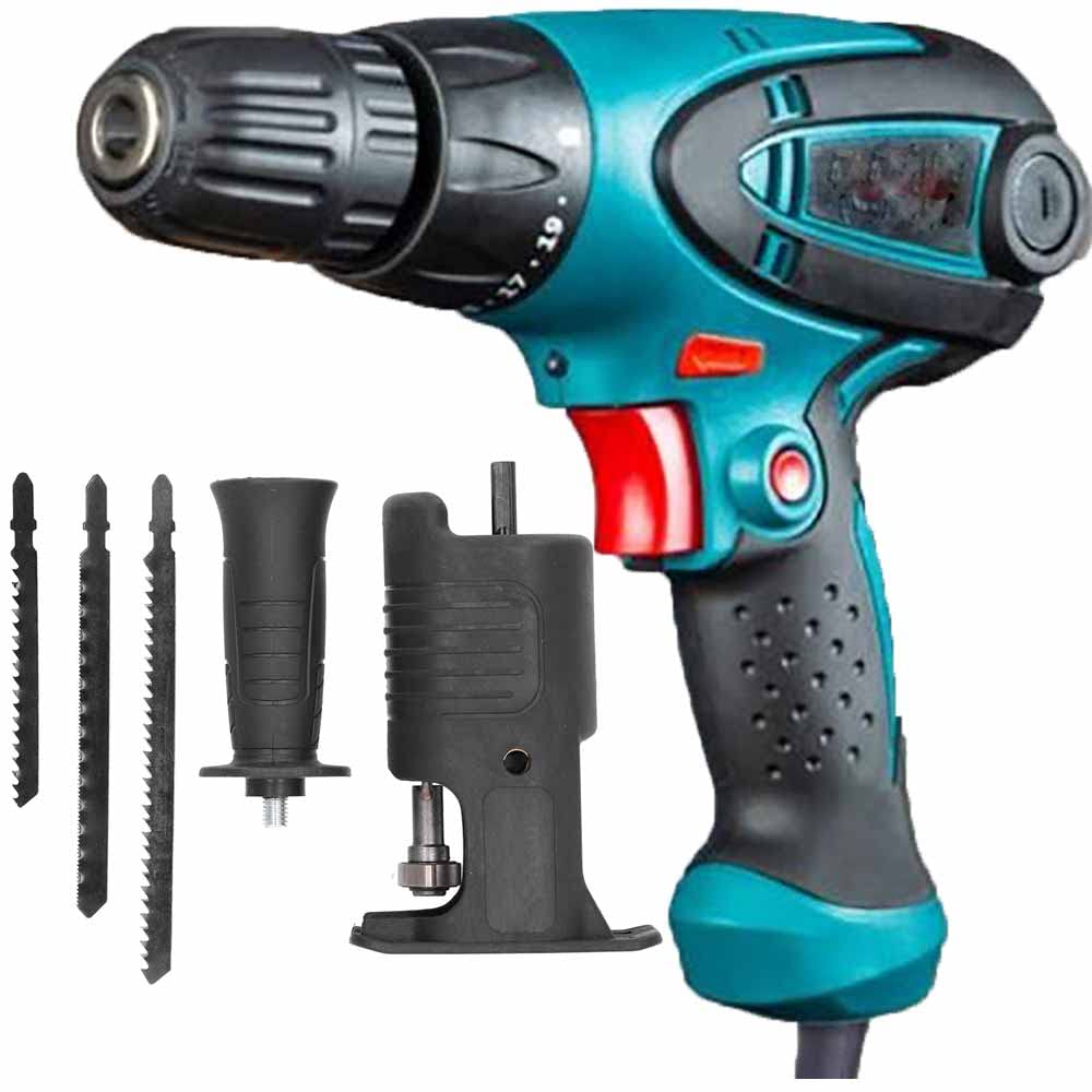 Impact drill screwdriver machine 10mm screw drilling gun torque adjustable system With Jig saw wood cutter Reciprocating Saw Adapter (10mm/350w/750rpm)