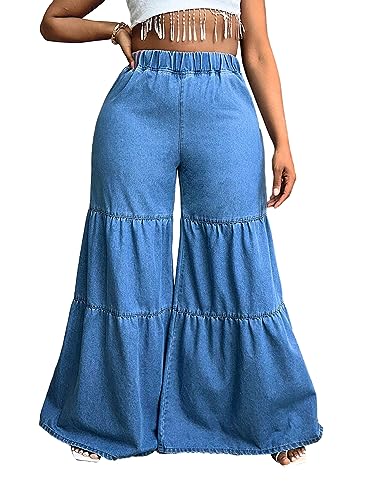 WDIRARA Women's Ruffle Trim Hem Wide Leg Elastic High Waisted Summer Denim Jean Flare Pants