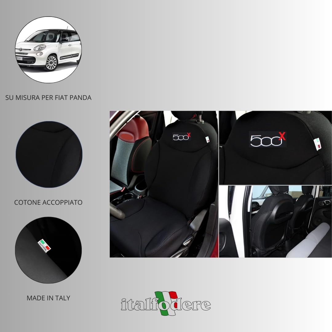 Italfodere - Coppia Coprisedili Anteriori Compatibili con Fiat 500X - Cotone Accoppiato - Fatti a Mano - Eleganti e Resistenti - Accessori Auto Interno - Nero - Made in Italy