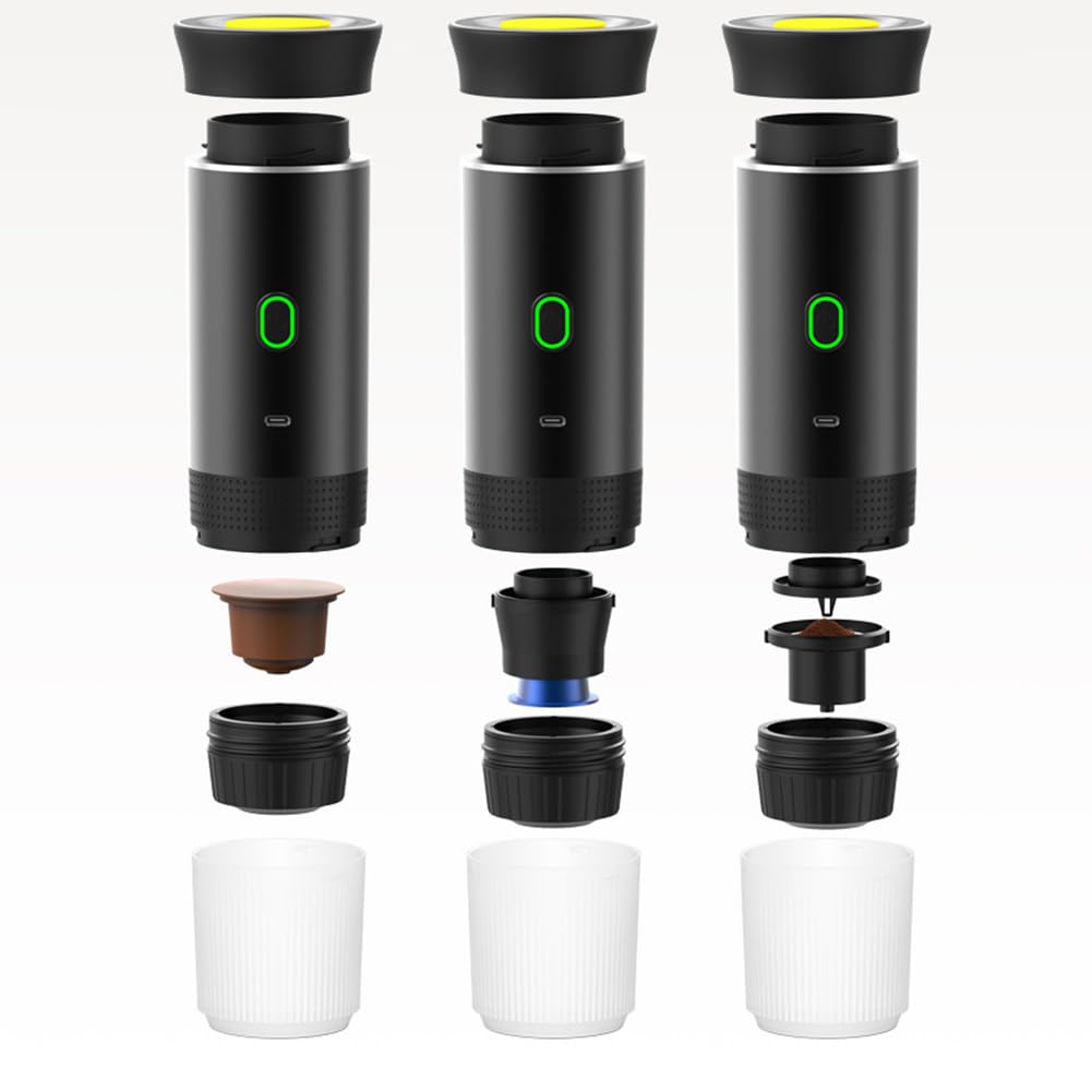 Cafetera inalámbrica portátil 3 en 1 para camping y viajes, batería recargable de 2500 mAh, máquina de café compacta para cápsulas/polvo, hogar, oficina, uso al aire libre (blanco)