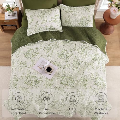 Image of Andency Quilt Twin Size, Sage Green Flower Bedspread Twin Size, 3 Pieces Soft Bedding Set for Women Teen Girls, Lightweight Coverlet Set for All Season with 2 Pillowcases (68 inchx86 inch)