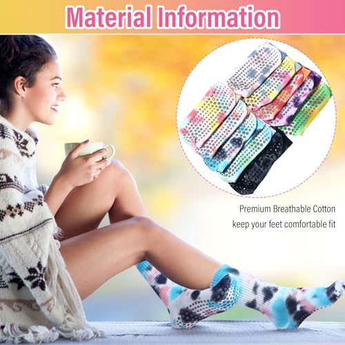 10 Pairs Tie Dye Socks for Women Pilate Yoga Socks Non Skid with Grip Colorful Cushioned Soft Cotton for Slipper Athletic Barre Ballet Dance, Size 36-424