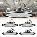 ELEKICO UFO Led High Bay Light, 250W 4 Pack 35000lm 5000k Daylight 100-277v Led Shop Light with 5' Cable 3-Pin Plug Hook Safe Rope, Led Garage Light for Warehouse Workshop Barn Garage
