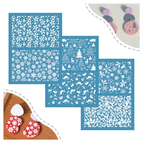 SALPPLEA 3 Stück Weihnachts-Siebdruck-Schablonen für Polymer-Ton, 16 x 11,9 cm, Weihnachtsmann-Schneeflocke, Polymer-Ton-Siebdruck, für DIY-Schmuckherstellung aus Polymer-Ton