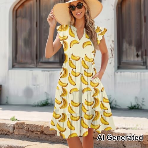 Image of Women's Casual Ruffle Sleeve Dress V Neck Pullover Dress Flowy A-Line Pleated Lightweight Dress with Pockets