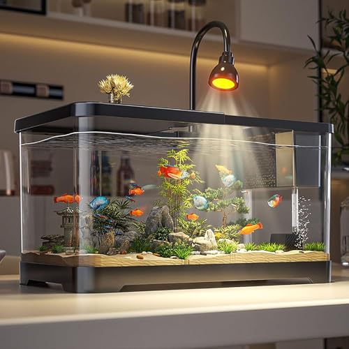 Kit de acuario de pecera con filtro y luz LED, kit de inicio tropical premium para peces, diseño de vidrio pequeño