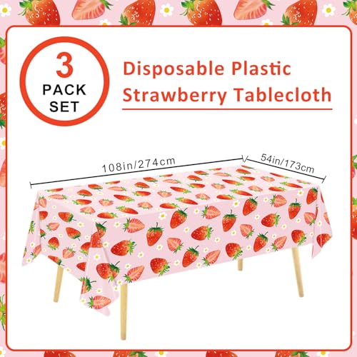 Image of 3 Pack Strawberry Tablecloths Strawberry Birthday Plastic Table Cover for Berry First Birthday Decor Baby Shower Party Decorations, 54 x 108 Inch