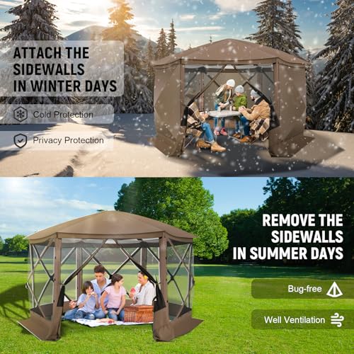 Image of COBlZl Pop Up Gazebo 12x12 Screen House Tent for Camping, Outdoor Instant Stargazing Gazebo Canopy with Awning 2.0, Portable Hub Tent with Removable Sidewalls,Pavilion for Backyard,Brown