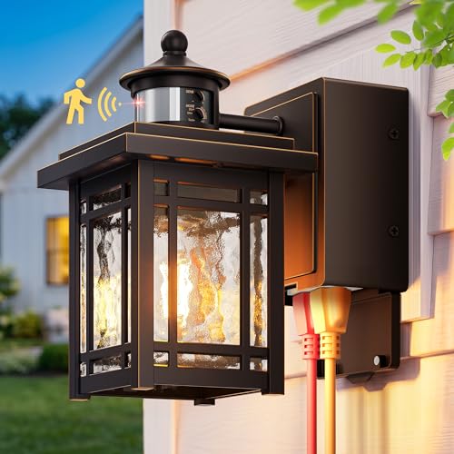 Image of Gleamz Porch Light with Outlet, Anti-Rust Motion Sensor Outdoor Porch Lights, Oil-Rubbed Bronze Gold Trim Outdoor Light with Outlet, Waterproof 5 Modes Outside Garage Lights for House, Patio, Balcony