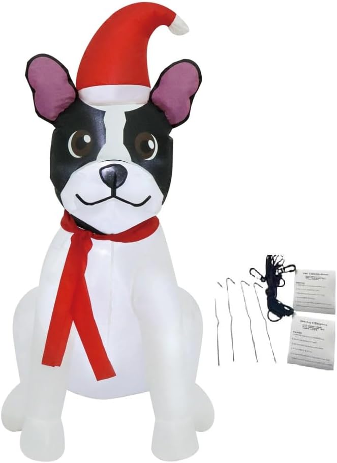 Christmas Bull Dog with Santa Hat 3.5 Foot Christmas Inflatable LED Holiday Outdoor Lighted Yard Blow-Up Decoration 2025 - Includes Bonus Repair Patch