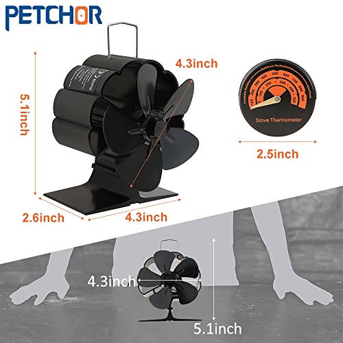 Petchor Mini Heat Powered Stove Fan, Mini Wood Stove Fan 5 Blades Fireplace Fan For Fireplace/Wood Stoves/Burner/Wood Burning/Pellet Eco Friendly Stove Top With Thermometer #TOP1