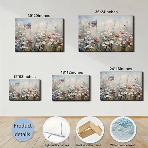 Image of Framed American Flag Wildflower Wall Art, Patriotic Floral Canvas Art Pictures, USA Flag Wall Decor for Living Room Bedroom Office, Ready to Hang Made in USA