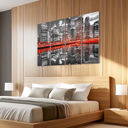 8 Pack Paneles Acústicos Decorativos Absorbentes de Sonido Vista Nocturna de Chicago Skyline en Negro y Rojo 48"x32" miniatura 5