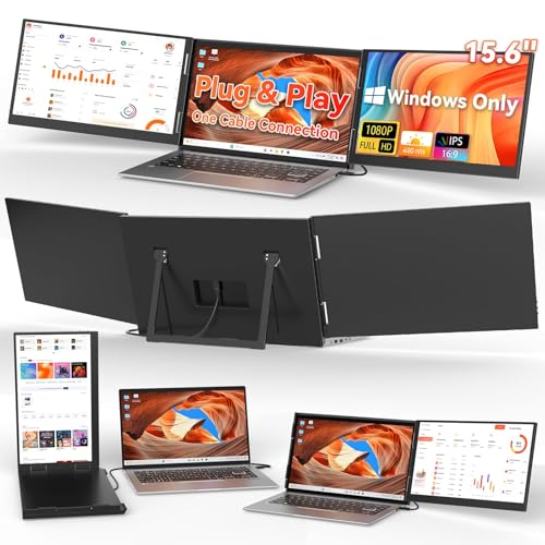 Image of HotYeah Laptop Screen Extender (Windows Only), Dual 15.6 inch 1080P FHD Monitor | One Cable Connection, USB-C Travel Screen for 12 - 17 inch Laptop, Triple Portable Monitor w / Kickstand & 240 Rotation