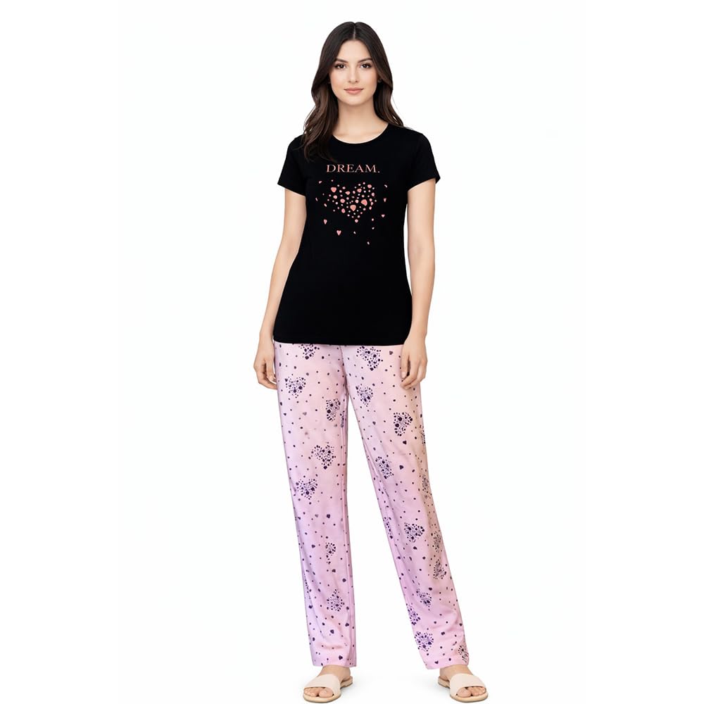 comfort lady Women’s Cotton Night Suit | Round Neck Printed T-Shirt with Pyjama | Relaxed Fit Sleepwear & Loungewear - NSTP3001-picture-43