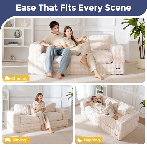 Image of MAXYOYO Loveseat Sofa Couch, Upholstered Bean Bag Chair Cloud Seat for Adults, Boneless Couch with Cushion & Pillows, Sofa in A Box, No Assembly Required, Bubble Beige, 3-Seat