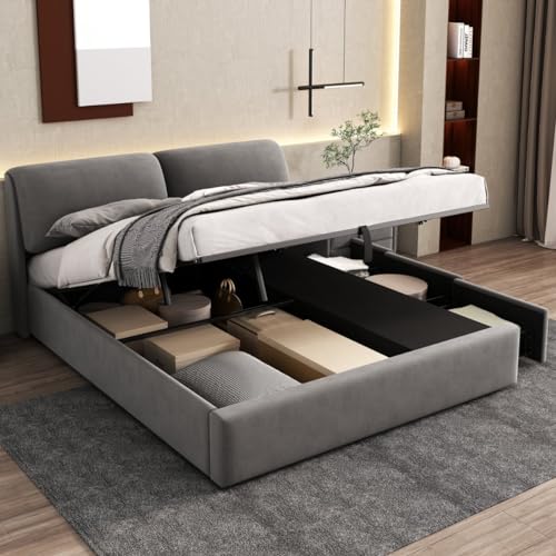 Sweiko Lit Rembourré 180 * 200 cm, Hydraulique, Rangement en Velours Avec Trois Tiroirs, Double Avec Tête de Lit et Sommier à Lattes, Pour Adultes (Sans...