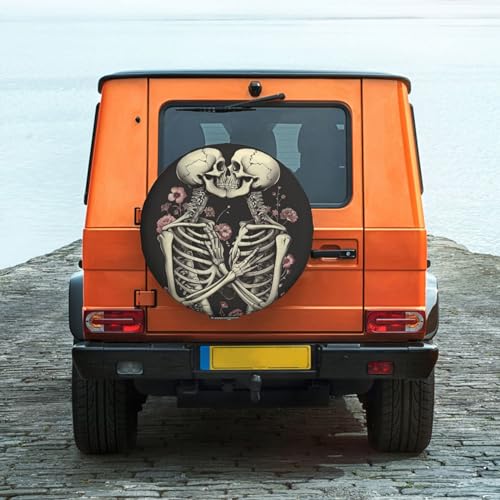 Image of Couple Skeleton Spare Tire Cover, Universal Wheel Tire Cover Funny Skull Skeleton Tire Protectors for Trailer RV SUV Truck Camper 15 Inch