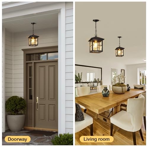 Black Outdoor Pendant Light, Porch Doorway Hallway Exterior Hanging Lights with Adjustable Chain Waterproof Outside Hanging Lantern Fixture Indoor Home Dinning Room Kitchen Island (Black, 2 Pack)