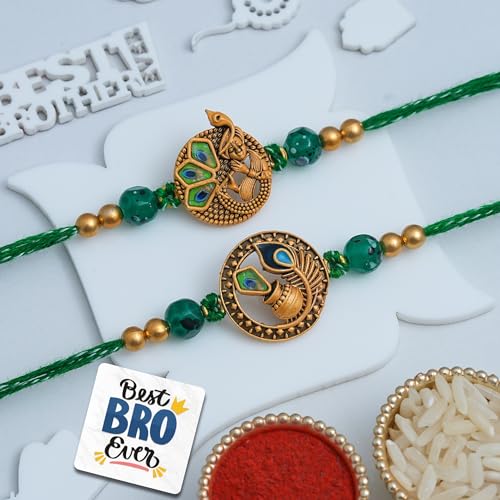 Image of eCraftIndia Krishna Playing Flute Dahi Handi Flute Mor Pankh Rakhi Set of 2 | Rakhi for Brother Bhaiya Bhai with Best Bro Ever Fridge Magnet | Roli Chawal Pack
