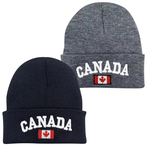 ZUYYON 2 Pcs Canada Maple Leaf Beanie Hats Embroidered Canada Flag Beanie Hat Canadian Themed Winter Warm Patriotic Knit Cap(Black, Grey)