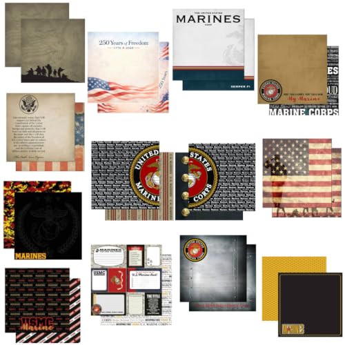 Custom Scrapbook Papers Bundle - 13 Marines United States Military Themed 12" x 12" Scrapbook Papers - Various Brands