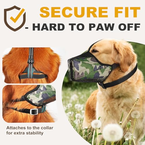 Image of Mesh Dog Muzzle, Breathable Soft Dog Muzzle with Reflective Straps for Secure Fit, Prevents Biting, Chewing Scavenging- Adjustable for Small Medium Large Dogs,Camo,XS